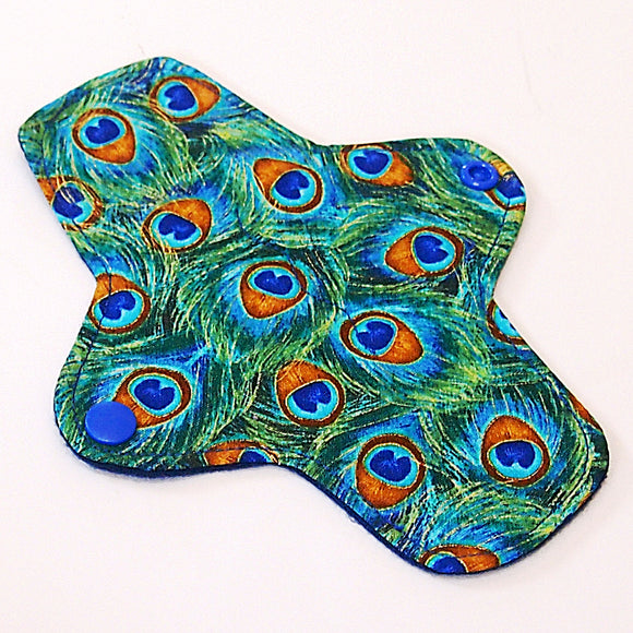 7 inch Reusable Cloth winged ULTRATHIN Pantyliner - Peacock Feathers Quilter's Cotton Top