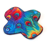 LIGHT Flow - Reusable Cloth Menstrual pad - 6 inch -bamboo core - Black Windpro - quilter's cotton top - Rainbow Peacock